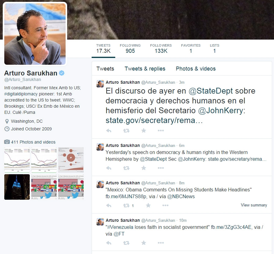 Sarukhan publishes all of his tweets bilingually and has tweeted over 17,000 times since 2009. Sarukhan publishes all of his tweets bilingually and has tweeted over 17,000 times since 2009.